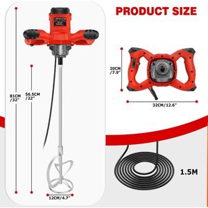Betonmixer - Cementmenger - Verfmenger - Roerstaaf - Verstelbaar - 6 Snelheden - 230V - 2600W - Rood