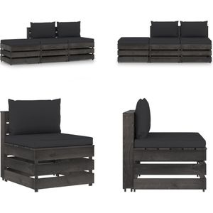 vidaXL 3-delige Loungeset met kussens grijs geïmpregneerd hout - Pallet Loungeset - Pallet Loungesets - Tuinset - Tuinsets