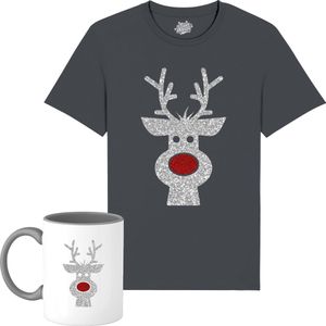 Rendier Buddy - Foute Kersttrui Kerstcadeau - Dames / Heren / Unisex Kleding - Grappige Kerst Outfit - Glitter Look - T-Shirt met mok - Unisex - Mouse Grijs - Maat XXL