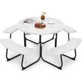 COSTWAY Zitgarnituur voor 8 personen, picknicktafel met parasolgat en 4 banken, ronde tuintafel, tuingarnituur, tuinmeubelen, zitgroep voor tuin, terras (wit)