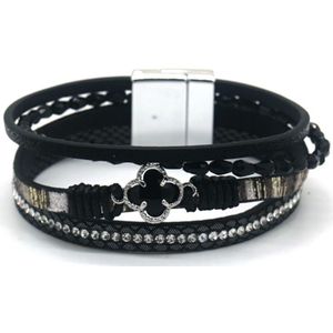 Armband Dames - Klaver - 4 Stroken Leer - Kralen - 19 cm - Zwart