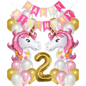 Snoes Ballonnen Set Unicorn 2 Jaar - Verjaardag Versiering Slinger - Folieballon - Helium Ballonnen