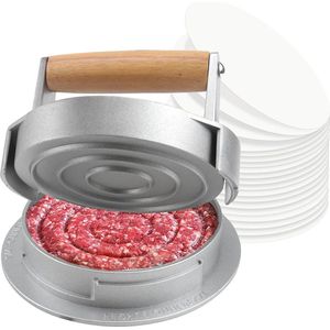 Burger Press Burger Patty Press 10,8 cm gegoten aluminium ronde anti-aanbaklaag Vaatwasmachinebestendig met 100 Patty Papers voor Burger Patties Koken BBQ
