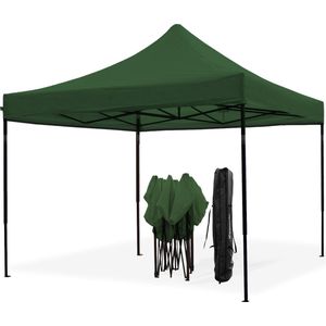 LifeGoods Partytent - Opvouwbaar - 3x3 m - Easy Up - Paviljoen - Waterdicht - Draagtas met Wieltjes - Donkergroen