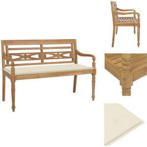 vidaXL Bankje - Bankjes - Bank - Banken - Bank Batavia met crèmekleurig kussen 120 cm massief teakhout