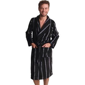 Zwarte badjas heren - strepen - fleece - warme badjas - zacht - cadeau voor hem - maat M