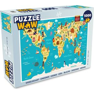 Puzzel Wereldkaart - Kinderen - Dieren - Geel - Blauw - Jongens - Meisjes - Legpuzzel - Puzzel 1000 stukjes volwassenen