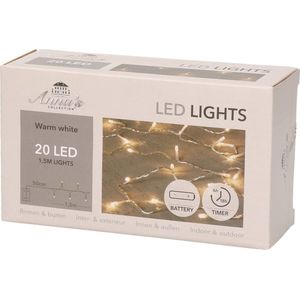 Kerstverlichting met timer 20 warm witte lampjes op batterijen - Lichtsnoer transparant met 20 leds