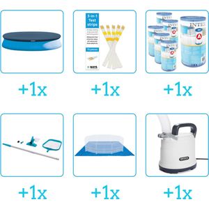 Accessoires voor Intex Easy Set Zwembad - 366x76 cm - Rond - Opblaasbaar - Met filterpomp - Intex - 28022 - Afdekzeil - Testrips - Filters - Schoonmaakset - Grondzeil - Dompelpomp