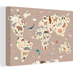 Schilderij voor kinderen - Muurdecoratie kinderkamer - Wereldkaart - Dieren - Bruin - Aarde - Muurdecoratie - Canvasdoek kinderen - 150x100 cm