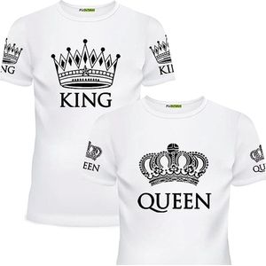 PicOnTshirt - Teetalks Series - T-Shirt Dames - T-Shirt Heren - T-Shirt Met Print - Couple T-Shirt Met King and Queen Print - 2 Pack - Wit - Heren M/Dames S