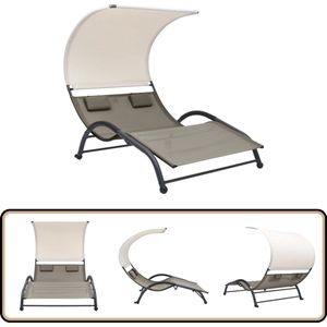 vidaXL Ligbed Tweepersoons - Met Luifel - Taupe Lounge Stoel - Tuinset - Ligbed - Zonnebed - Relaxfauteuil