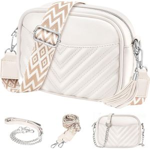 Crossbody tas voor dames - Creme - 22 x 16 x 5 cm - Met 2 verschillende schouderriemen - Schoudertas voor vrouwen - Verstelbare aztec schouderband - Handtas met ritsen - Waterbestendig - Zilveren hardware - Telefoontas