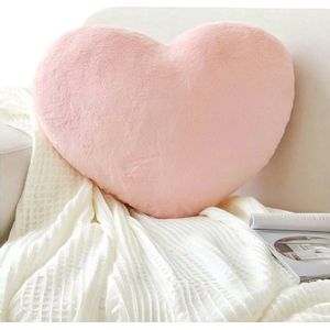 S&E Zachte Hartvormige Kussen - Pluche Konijnenbont Decoratief Kussen voor Bank, Bed of Slaapkamer - Perfect Valentijnscadeau voor Meisjes en Vrouwen - 50 x 34 cm - Roze