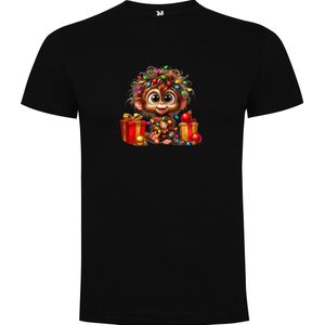 Zwart T-Shirt met “Aap in Kerstsfeer - Kerst“ Print Full Color Maat XL