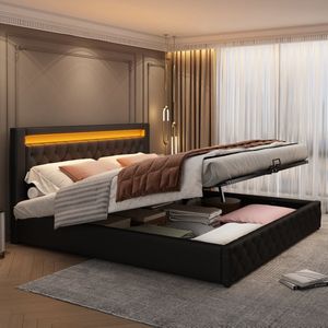 Gestoffeerd Bed met LED-verlichting - 180 x 200 cm - Tweepersoonsbed - Opbergbed met Opbergruimte - Zonder matras - Zwart