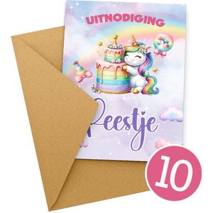 10x Uitnodiging kinderfeestje + Enveloppen | Uitnodiging verjaardag | Jongen of meisje | Uitnodigingskaarten + kraft envelop | Verjaardag Feest | Unicorn