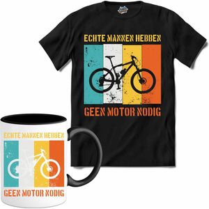Echte mannen hebben geen motor nodig Heren T-shirt | Fietsen | Wielrennen | Mountainbike | cadeau - T-Shirt met mok - Unisex - Zwart - Maat XXL