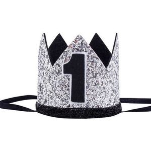 1e verjaardag cakesmash glitter hoedje zilver met zwart - cakesmash - eerste - 1 - verjaardag - hoed