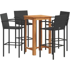 vidaXL Bartafel - Bartafels - Statafel - Hoge Tafel - 5-delige Tuinbarset massief acaciahout en poly rattan zwart