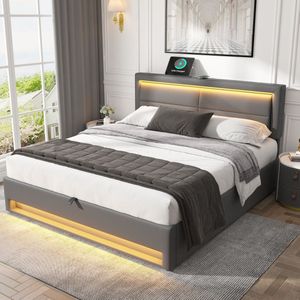 Sweiko Gestoffeerd bed 140 x 200 cm, met USB-poort (ondersteunt draadloos en bedraad opladen), met LED-verlichting en opslagruimte, zonder matras, PU lychee patroon