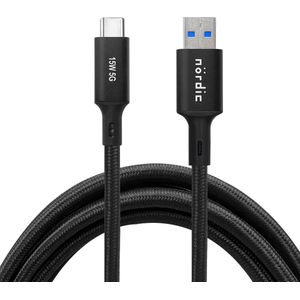 NÖRDIC USBC-N1038 USB-C naar USB-A kabel - USB3.2 Gen1 - 5Gbps - PD 60W - 5m - Zwart