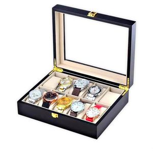 Horlogedoos | Luxe Houten Horloge Box | Geschikt voor Horloges en Sieraden | 10 Compartimenten met 10 Kussentjes | Zwart