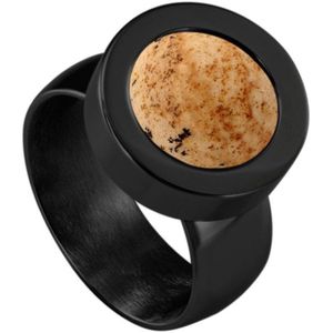 Quiges RVS Schroefsysteem Ring Zwart Glans 16mm met Verwisselbare Zandsteen Beige 12mm Mini Munt
