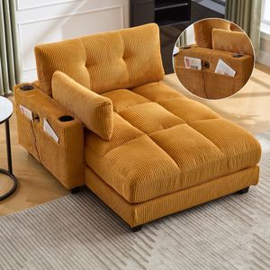 Sweiko Relaxfauteuil - Enkele armleuning - Met kussen - 2 bekerhouders + zijvakken - Geel