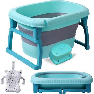 Babybadje Opvouwbaar - 4 in 1 - Opbergmand - Inclusief badkussen - Antibacterieel Baby badje - Met badkruk - Zitbad - Bath bucket - Groente