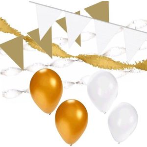 Wit/Gouden versiering pakket XL - ballonnen / slingers en vlaggenlijnen