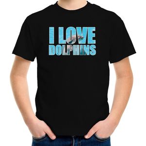 Tekst shirt I love dolphins met dieren foto van een dolfijn zwart voor kinderen - cadeau t-shirt dolfijnen liefhebber - kinderkleding / kleding 158/164