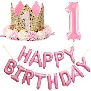 Cakesmash eerste verjaardag set Happy Birthday roze met goud en wit - eerste - verjaardag - cakesmash - 1 - slinger - ballon - hoed
