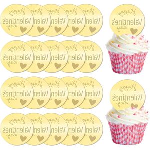 Ronde Gouden Valentijnsdag Happy Acryl Card Cupcake Toppers - 20 Stuks Mini Acryl Cupcake Toppers Cake Topper voor Cupcake Decoratie