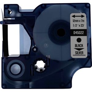 DULA Dymo D1 45022 Compatible label tape - 1 lettertape - Zwart op zilver - 12mm x 7m