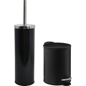 5Five Badkamer en toilet accessoires set - zwart - pedaalemmer 3L en wc/toilet-borstel - metaal