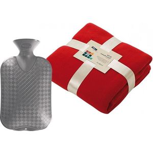 Fleece deken/plaid - rood - 130 x 170 cm - kruik - 2 liter