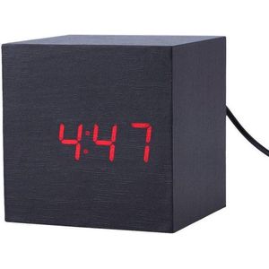Houten wekker - digitale wekker - thermometer - zwart - 62 x 62 x 62 mm - DisQounts