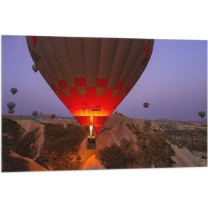 WallClassics - Vlag - Luchtballonnen bij Bergen - 105x70 cm Foto op Polyester Vlag