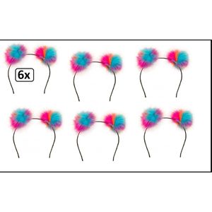 6x Diadeem pluche bol turquoise/roze/oranje - carnaval thema party hoofddeksel haarband oranje  roze optocht