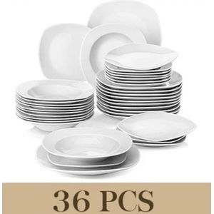 EliteNest® - Serviesset - 36-delig - Vierkant Porselein - Diner-, Soep- & Dessertborden, Kopjes & Schoteltjes - Voor 12 Personen
