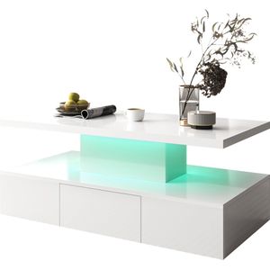 Merax Salontafel Hoogglans - Woonkamer Tafel met LED Verlichting - Wit