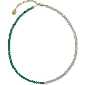 CO88 Collection 8CN-26325 Parelketting met Groen Stenen Kralen - Dames - Groene Natuursteen - Parel - Staal - Kraal 4 mm - 40 + 5 cm Lengte - Groen/Wit /Goudkleurig