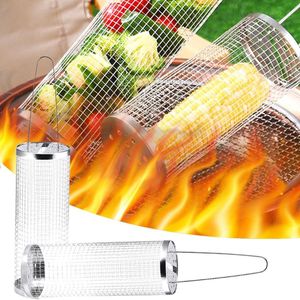 Rollende grillmand, rollende grillmand voor buitengrillen, rond roestvrijstalen grillrek, draagbaar buitencampinggrillrek voor groenten, frietjes, vis