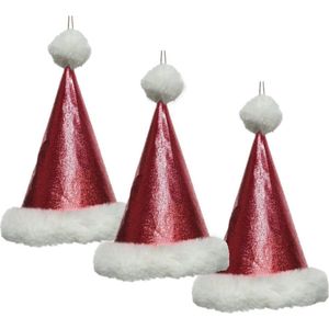 Decoris Kersthanger kerstmuts - 3x - rood glitters - 17 cm - kerstornamenten