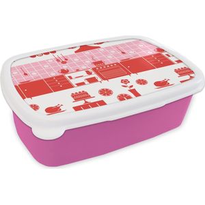 Broodtrommel Roze - Lunchbox - Brooddoos - Patronen - Pannen - Design - Huis - Roze - 18x12x6 cm - Kinderen - Meisje