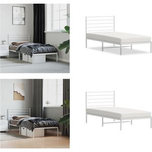 vidaXL Bedframe met hoofdbord metaal wit 107x203 cm - Bedframe - Bedframes - Eenpersoonsbed - Bed