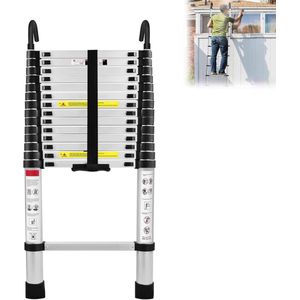 Aufun 4.4M aluminium telescopische ladder met 2 afneembare haken, uitschuifladder, antislip schuifladder, sportenladder, telescopisch ontwerp, multifunctionele ladder, max. 150 kg draagvermogen