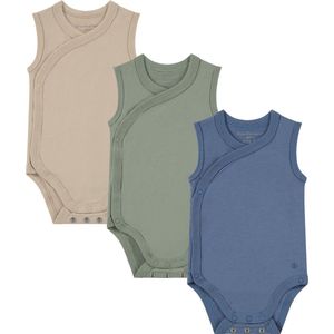 Bamboo Basics Izzy - Bamboe Baby Meegroei Overslagromper (Multipack 3 stuks) - Mouwloos - Zijdezacht - Ademend - Groen, Blauw & Beige - 68