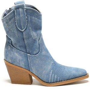 SmileFavorites® Dames Cowboylaarzen met Hak Kort - Blauw - Stof - Maat 37